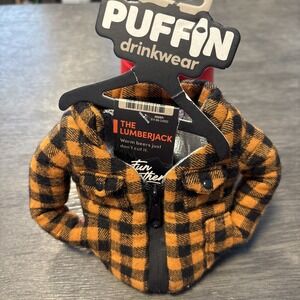 Puffin Drinkwear Beverage Jacket Lumberjack Brown Plaid Flannel Insulated Holder